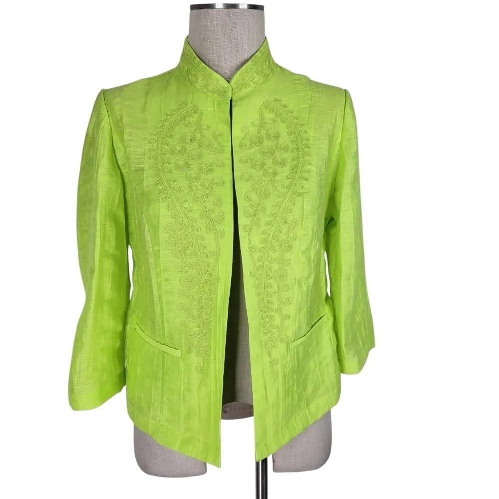 Chicos Blazer Size 0 S 4 Neon Green Open Front Embroidered Pockets Linen Blend